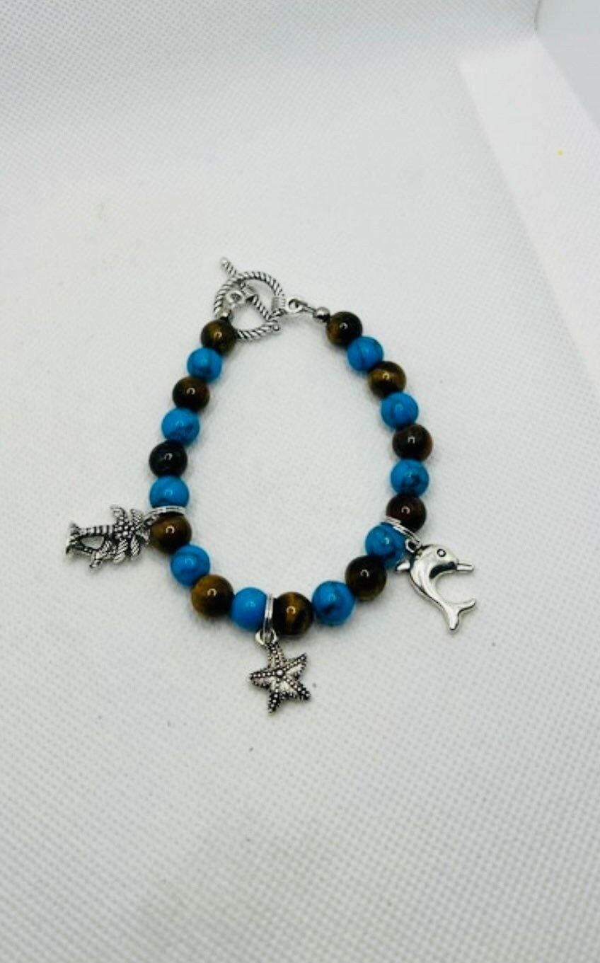 Bec Sue Jewelry Shop charm bracelet 7 / blue/yellow / tiger eye/turquoise Tiger Eye Charm Bracelet, Turquoise Charm Bracelet, Tags 304
