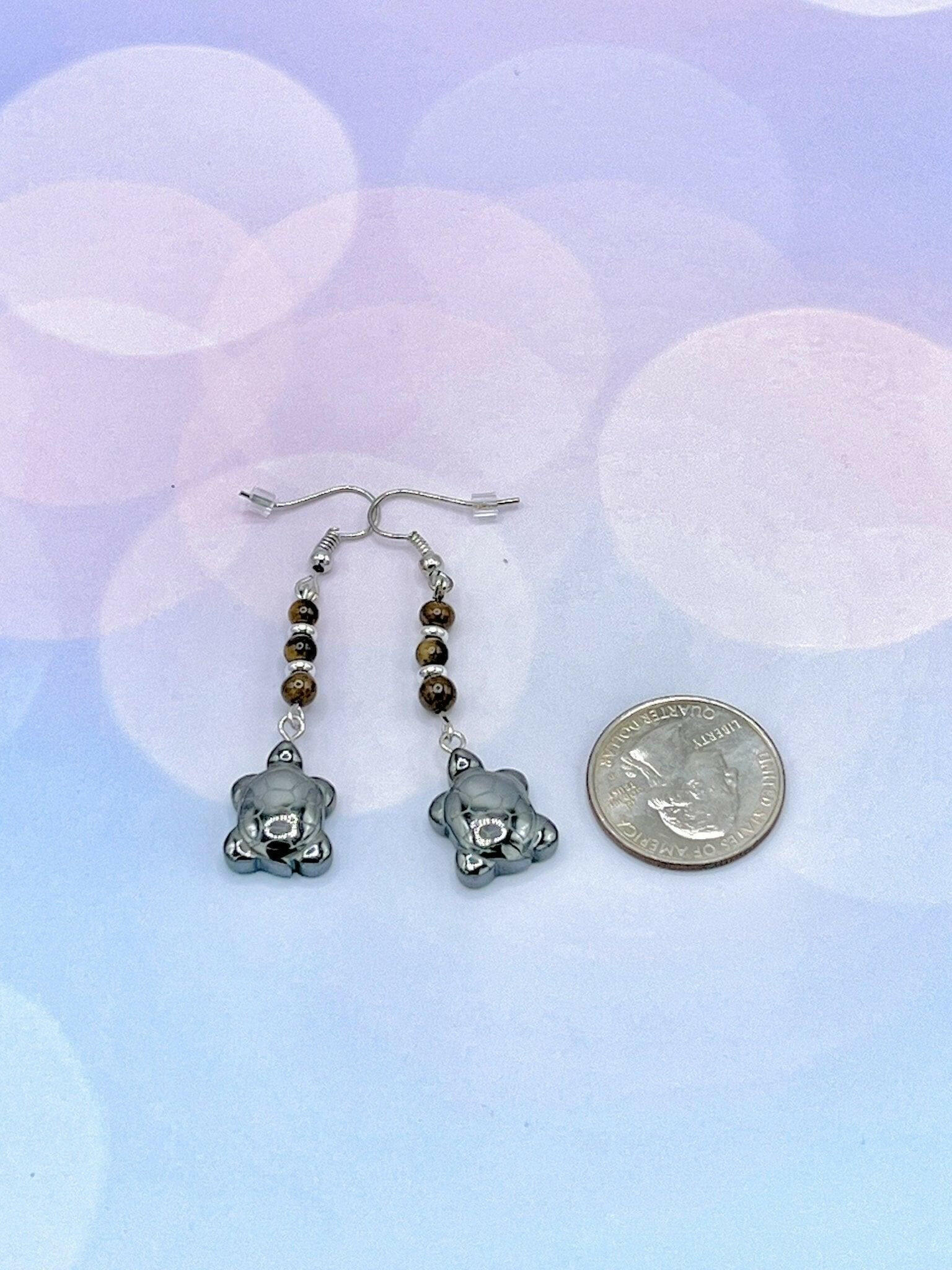 Bec Sue Jewelry Shop earrings 1 / black / hematite/turtle Turtle Dangling Earrings with Tiger Eye and Hematite Tags 521