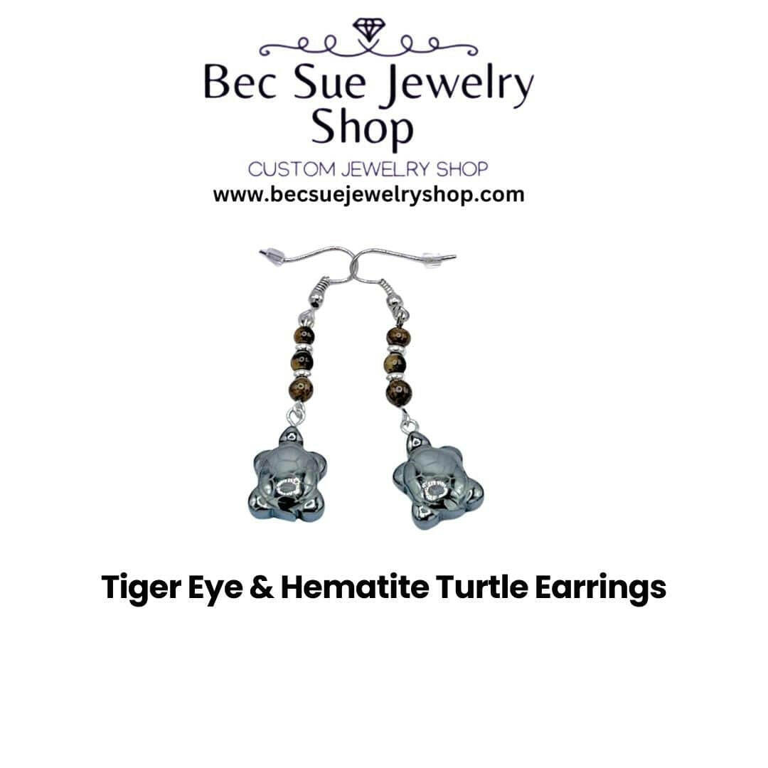 Bec Sue Jewelry Shop earrings 1 / black / hematite/turtle Turtle Dangling Earrings with Tiger Eye and Hematite Tags 521