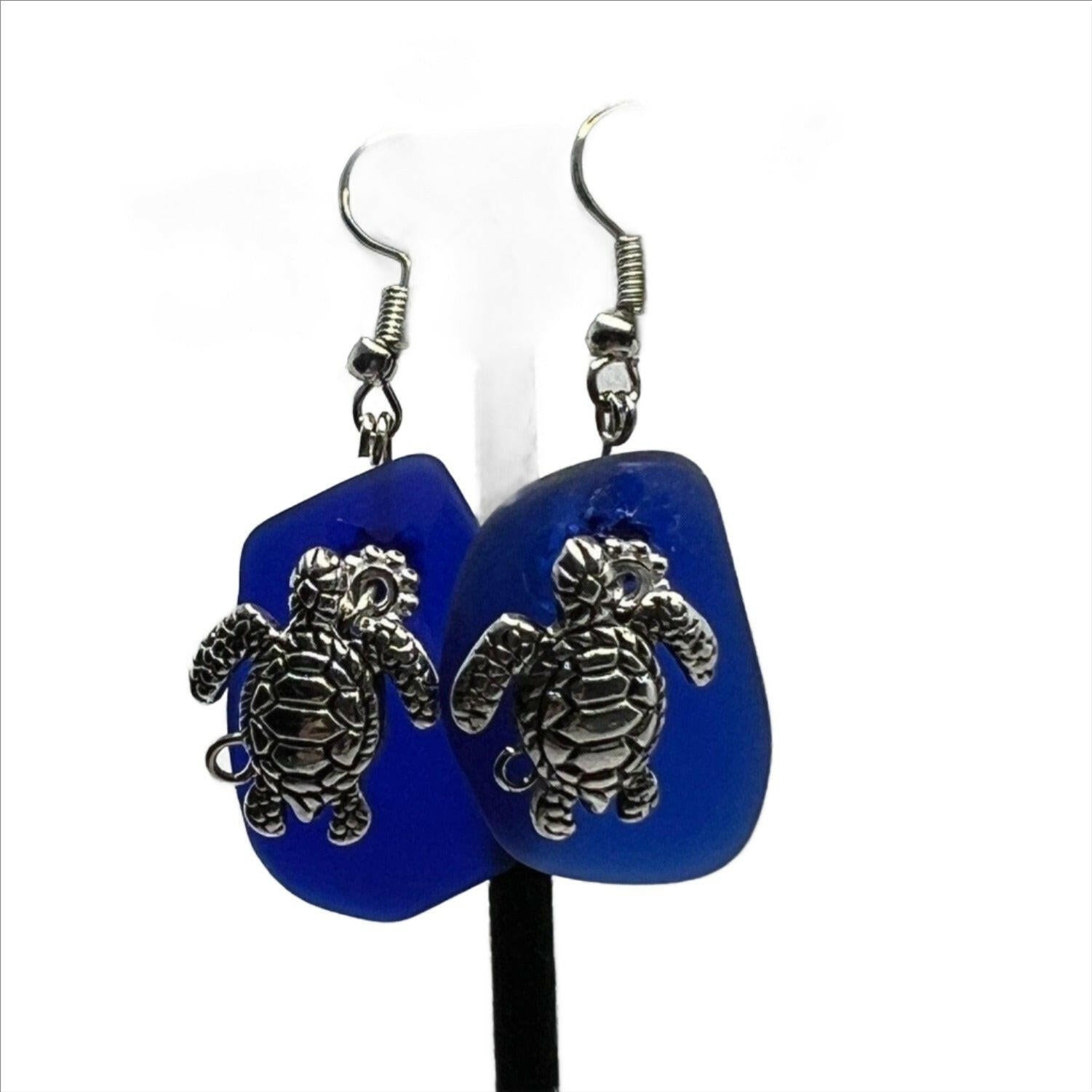 Bec Sue Jewelry Shop earrings 1 inch / blue/silver / silver turtle/blue glass Sea Turtle Jewelry, Sea Turtle Dangle Earrings Tags 477