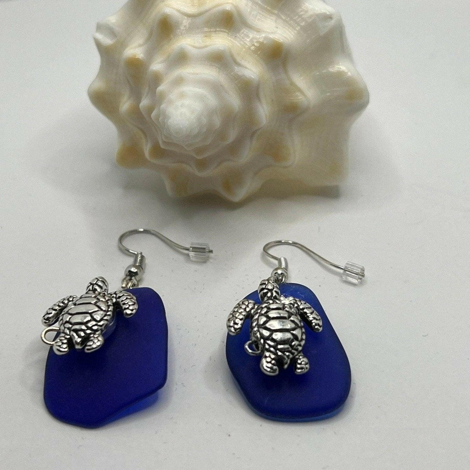Bec Sue Jewelry Shop earrings 1 inch / blue/silver / silver turtle/blue glass Sea Turtle Jewelry, Sea Turtle Dangle Earrings Tags 477