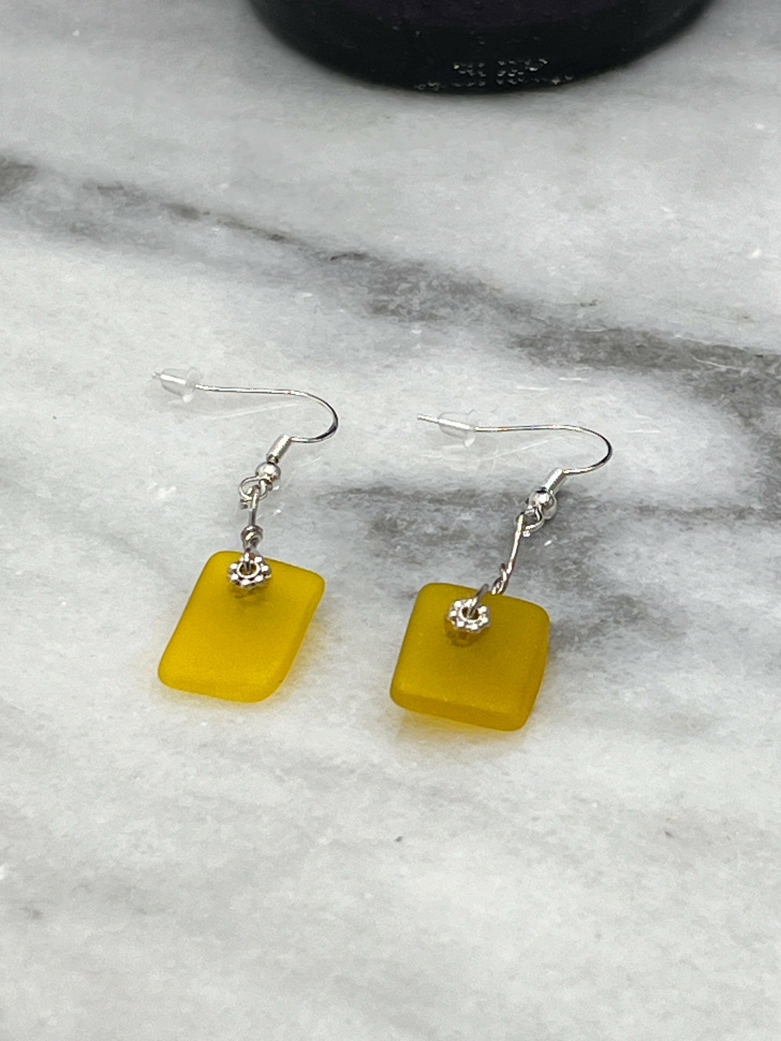 Bec Sue Jewelry Shop earrings 1 inch / yellow / yellow glass and sterling silver loops Yellow Dangling Glass Earrings, Yellow Glass Earrings Tags 706