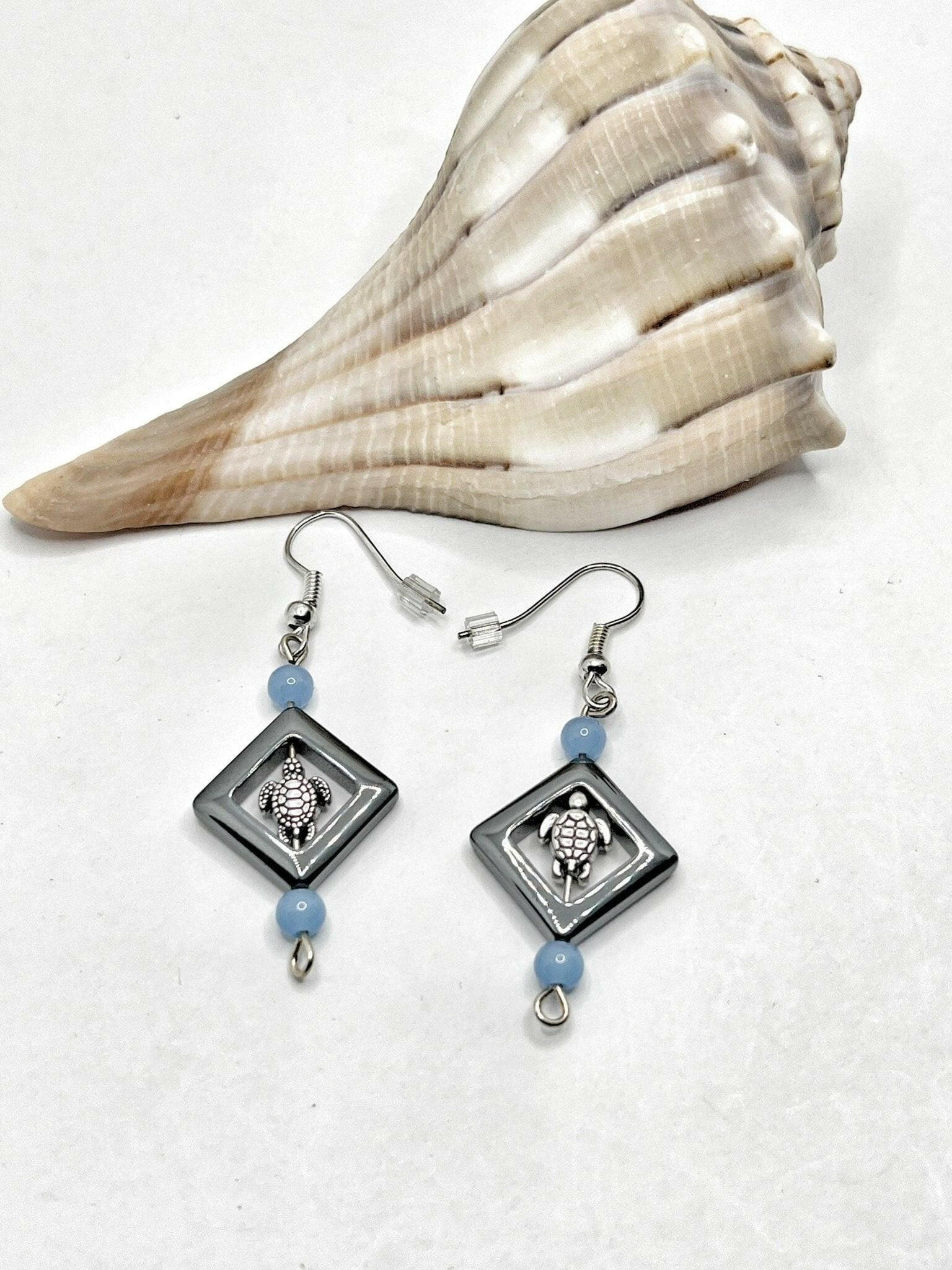 Bec Sue Jewelry Shop earrings hematite/silver turtle / blue/black Turtle Earrings, sea turtle earrings, turtle earings Tags 76
