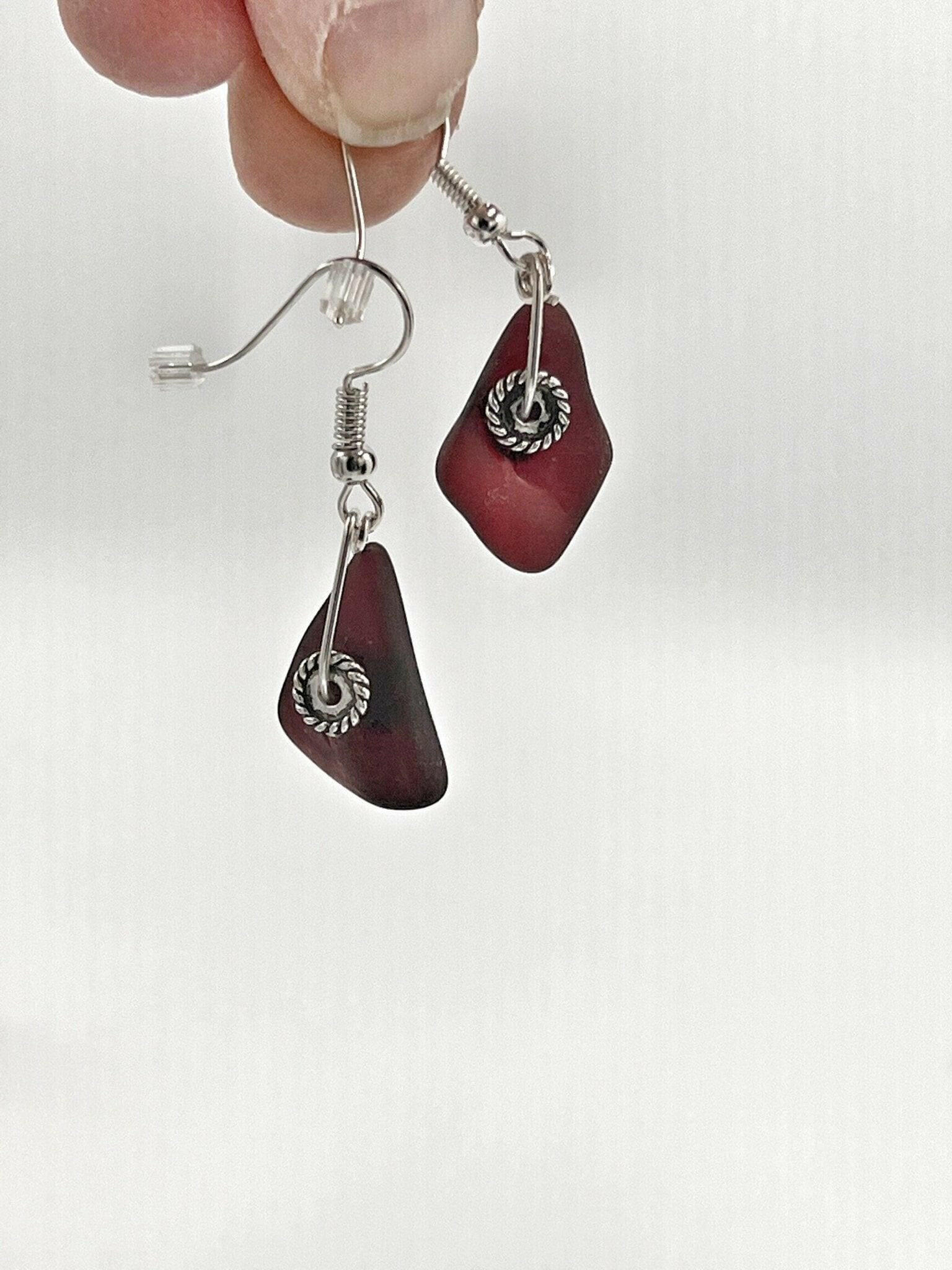 Bec Sue Jewelry Shop earrings red / 1 inch / red glass/earring wire Dangling Sea Glass Earrings Tags 440