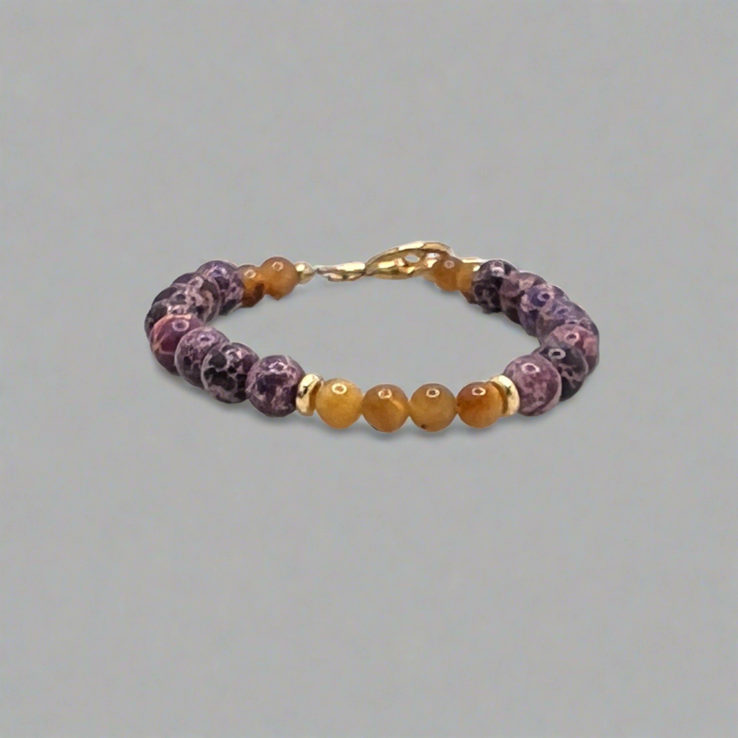Bec Sue Jewelry Shop Exquisite Purple Jasper & Gold Tiger Eye Bracelet with Gold Clasp - 8mm/6mm Luxury Beaded Elegance Tags 712