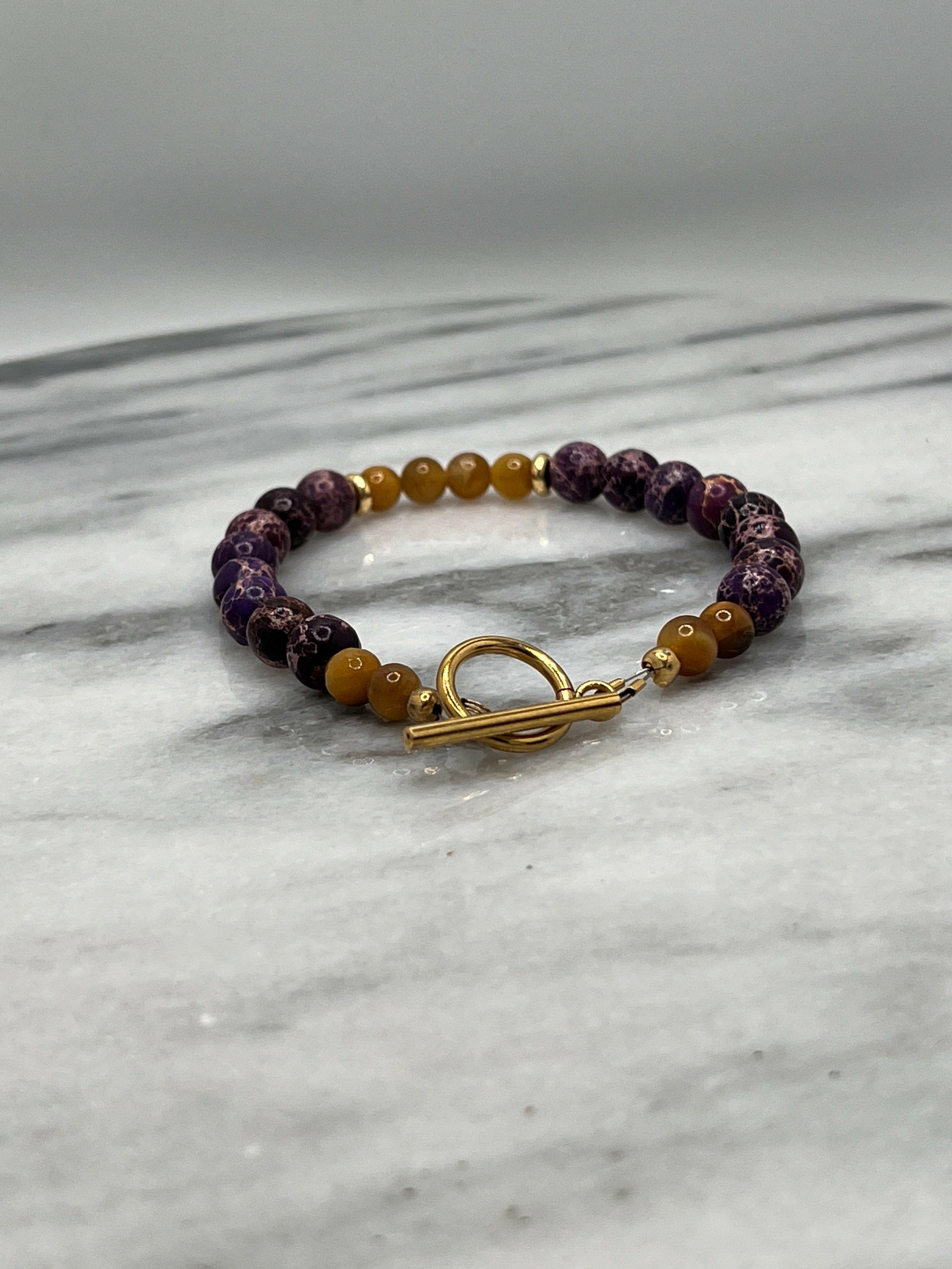 Bec Sue Jewelry Shop Exquisite Purple Jasper & Gold Tiger Eye Bracelet with Gold Clasp - 8mm/6mm Luxury Beaded Elegance Tags 712