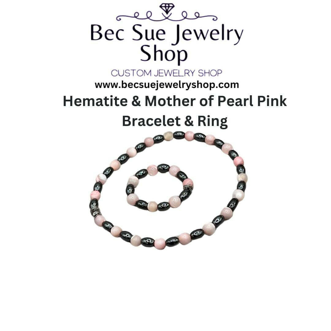 Bec Sue Jewelry Shop Jewelry Set 6.5 / black/pink / hematite/mother of pearl Hematite Bracelet Matching Ring, Mother of Pearl pink, Bracelet and Bead Ring matching Tags 688