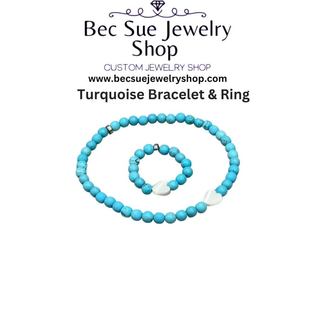 Bec Sue Jewelry Shop Jewelry Set 6.5 / Blue Turquoise Bracelet and matching Ring, Turquoise Gemstone Tags 683