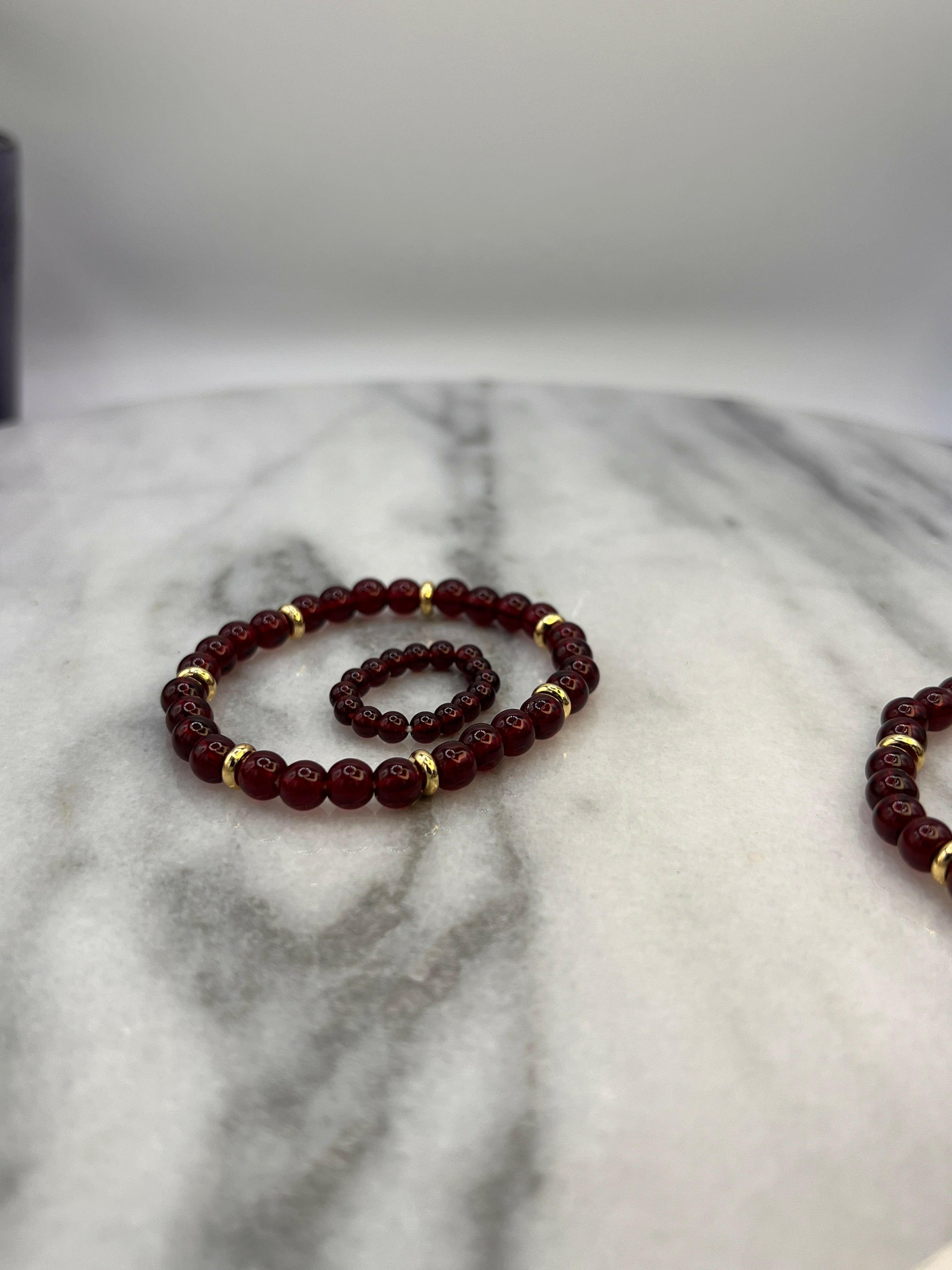 Bec Sue Jewelry Shop Jewelry Set 6.5 / red/gold / red glass garnet Red Garnet Glass Bracelet, Red Beaded Jewelry Tags 699