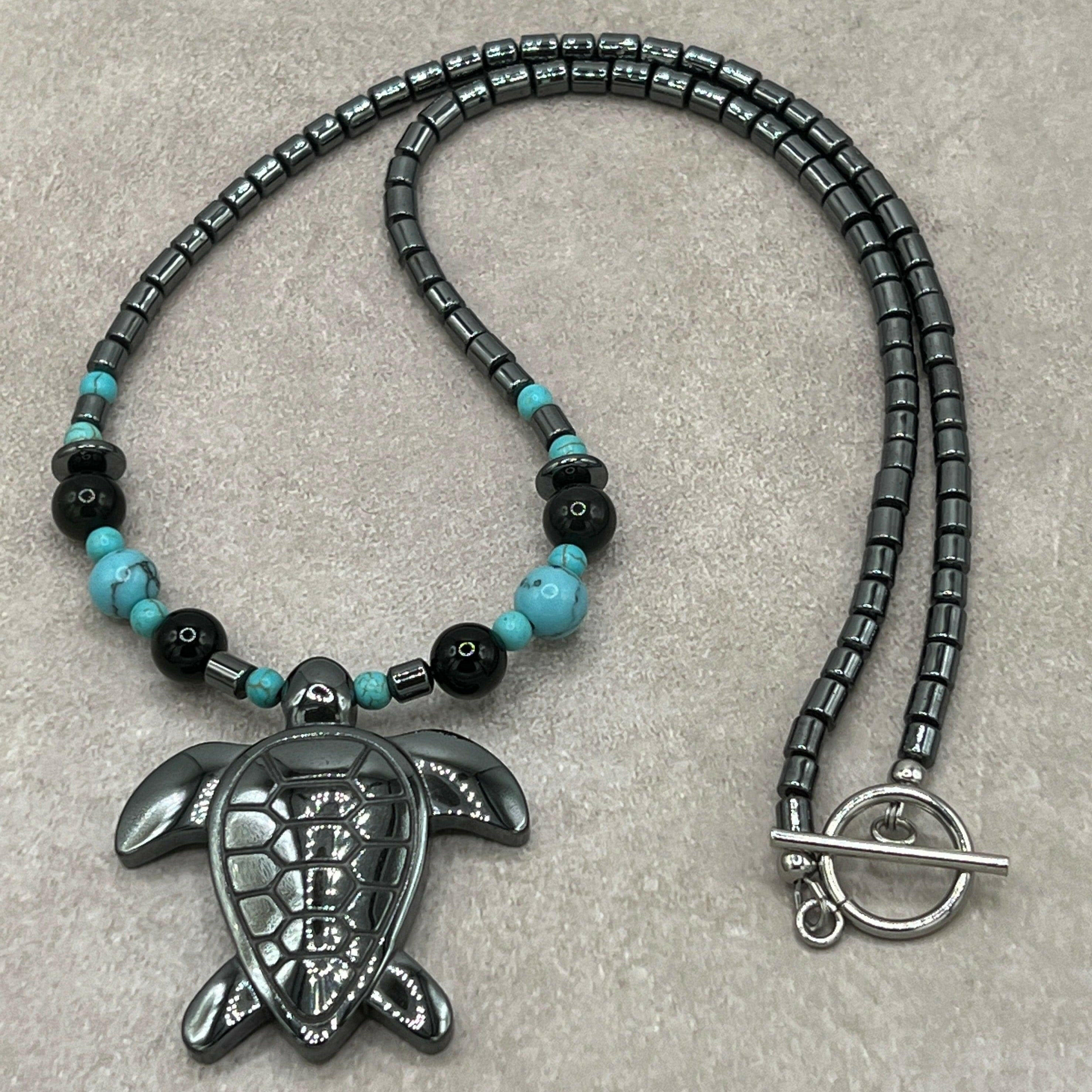Bec Sue Jewelry Shop Necklaces 19 / black/blue / hematite/turquoise Unique Turtle Turquoise and Hematite Necklace with Sterling Silver Clasp Tags 39