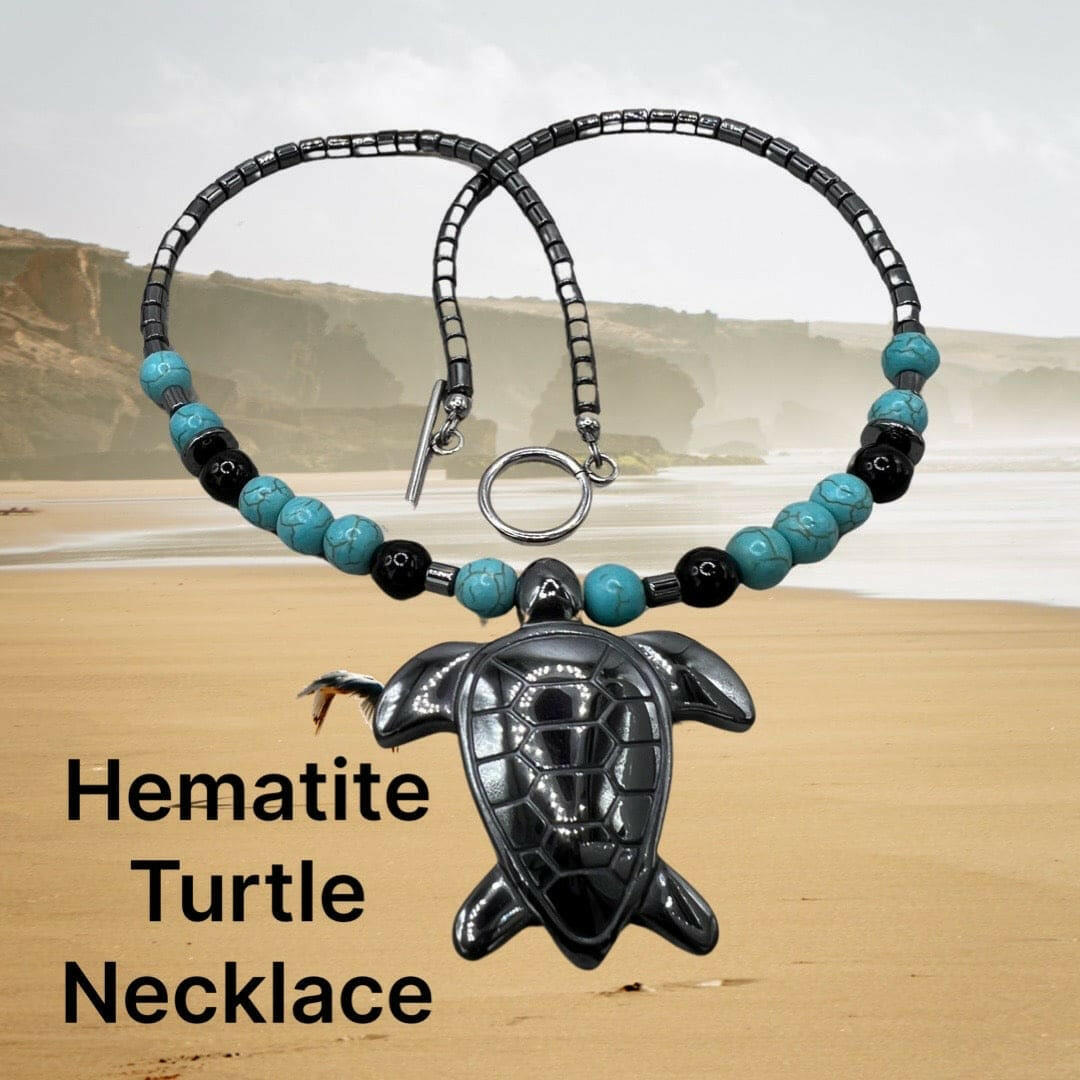 Bec Sue Jewelry Shop Necklaces 19 / black/blue / hematite/turquoise Unique Turtle Turquoise and Hematite Necklace with Sterling Silver Clasp Tags 39