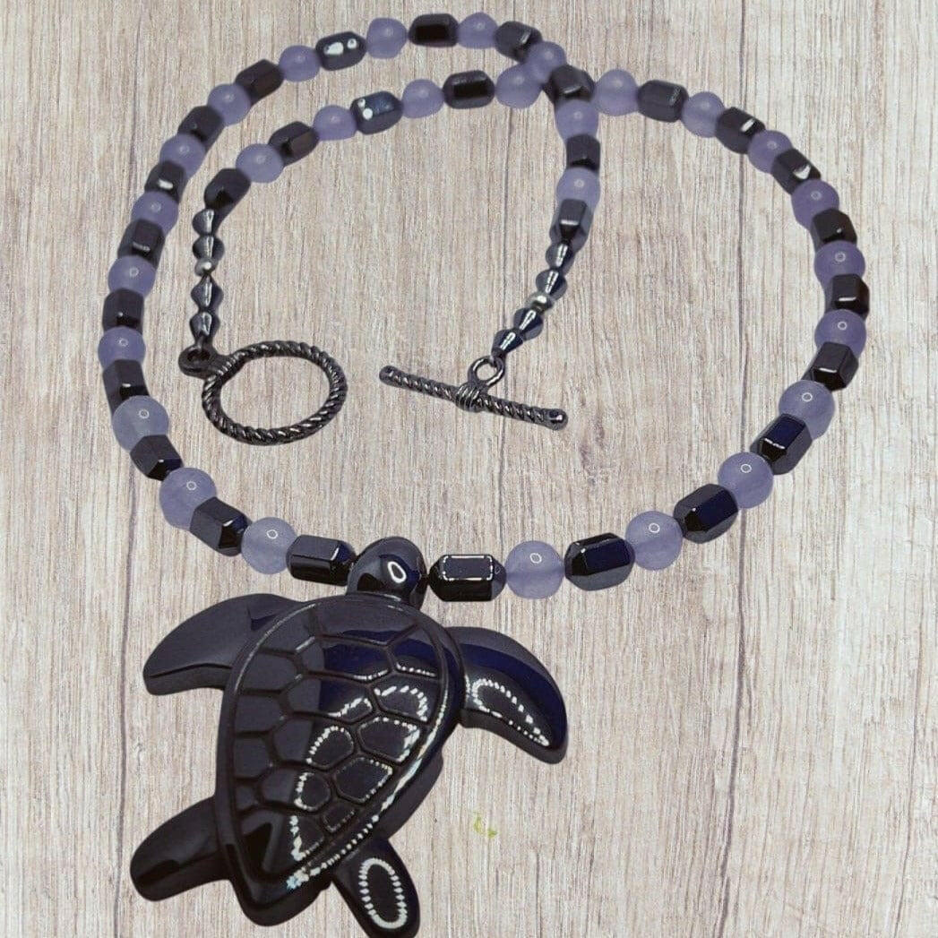 Bec Sue Jewelry Shop Necklaces 19 / black/purple / hematite/purple/hematite turtle Unique Hematite Turtle Necklace with 8mm Purple Beads Tags 143