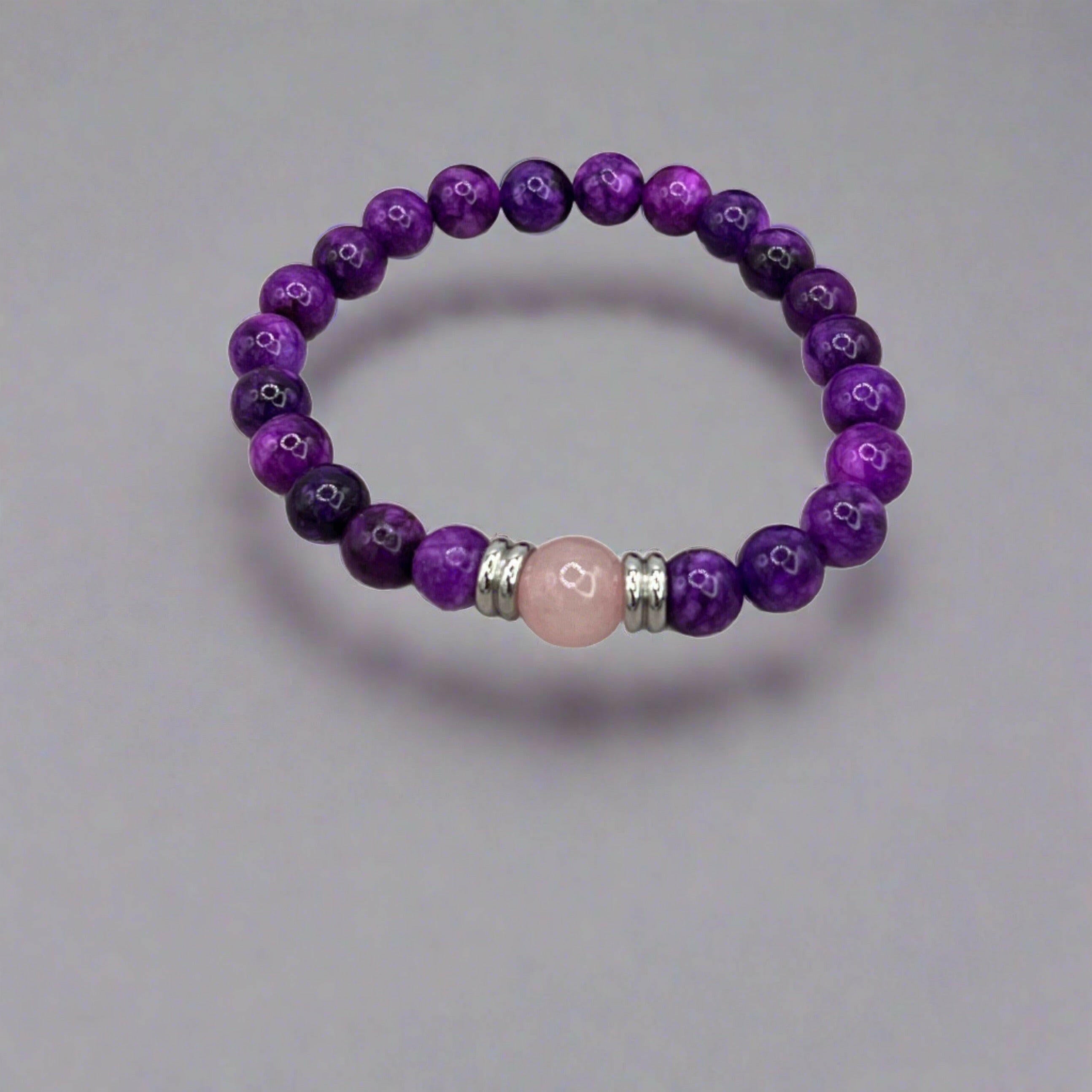 Bec Sue Jewelry Shop new 6.5 / purple/ pink / sugilite 8mm/one 10mm rose quartz One-of-a-kind Sugilite 8mm Bead Bracelet with Rose Quartz Accent & Sterling Silver Spacers Tags 624