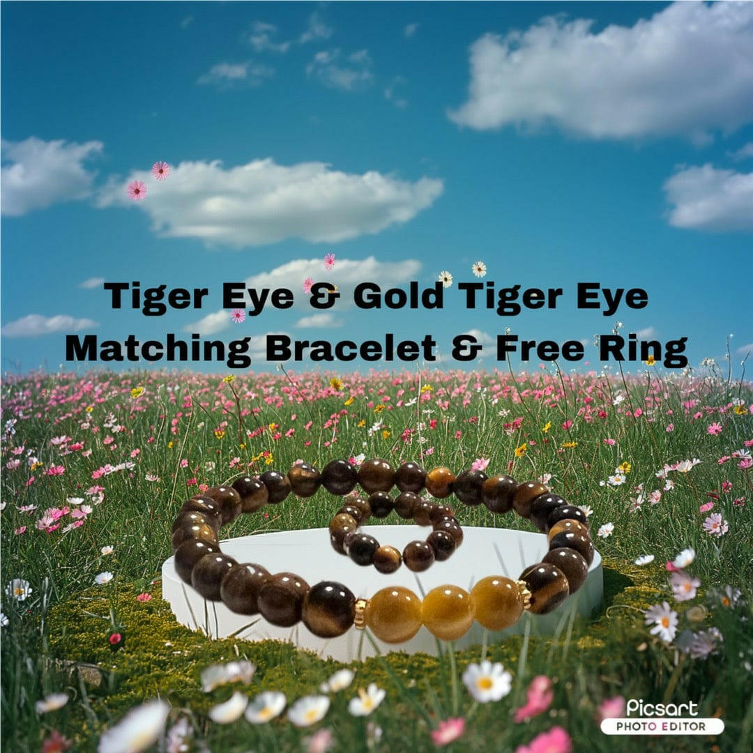 Bec Sue Jewelry Shop Tiger Eye Bracelet and Ring Set, 6mm beaded Gemstone Ensemble Tags