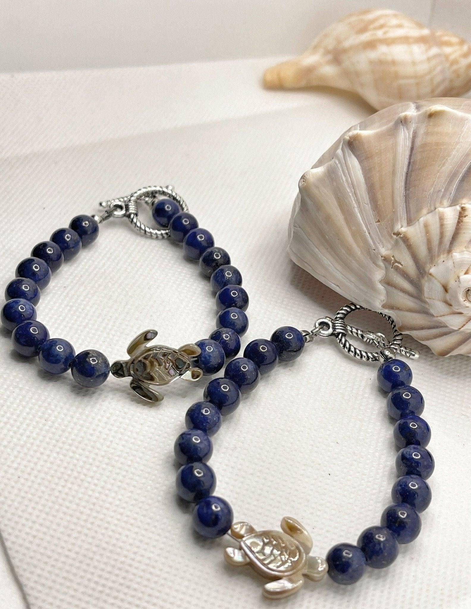Bec Sue Jewelry Shop turtle bracelet 6.5 / Blue / Lapis/ abalone turtle Sea Turtle Bracelet, Lapis Bracelet, Lapis Bracelet Gift Tags 302