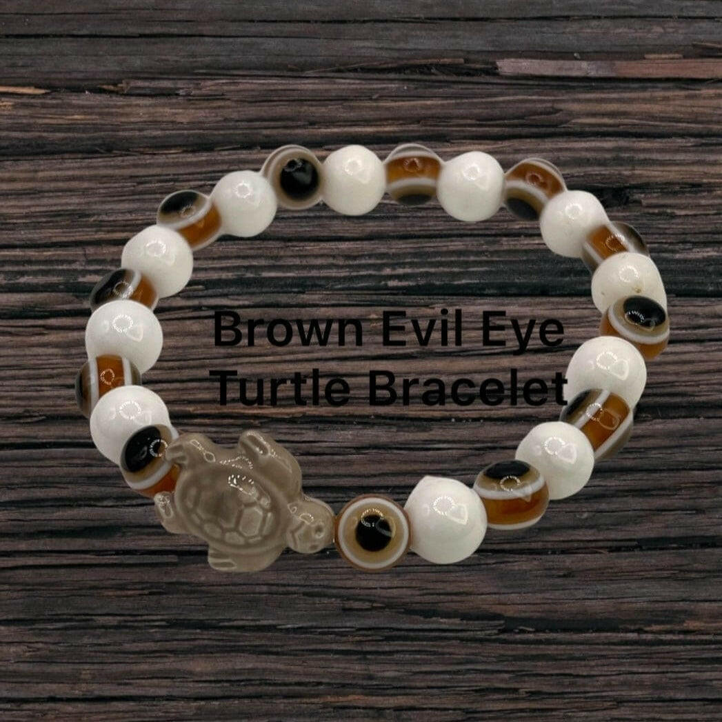 Bec Sue Jewelry Shop turtle bracelet 6.5 / brown/white / brown evil eye 8mm beads Turtle Bracelet: Handmade 8mm Beads | Turtle Jewelry | Handmade Brown Evil Eye Tags 610