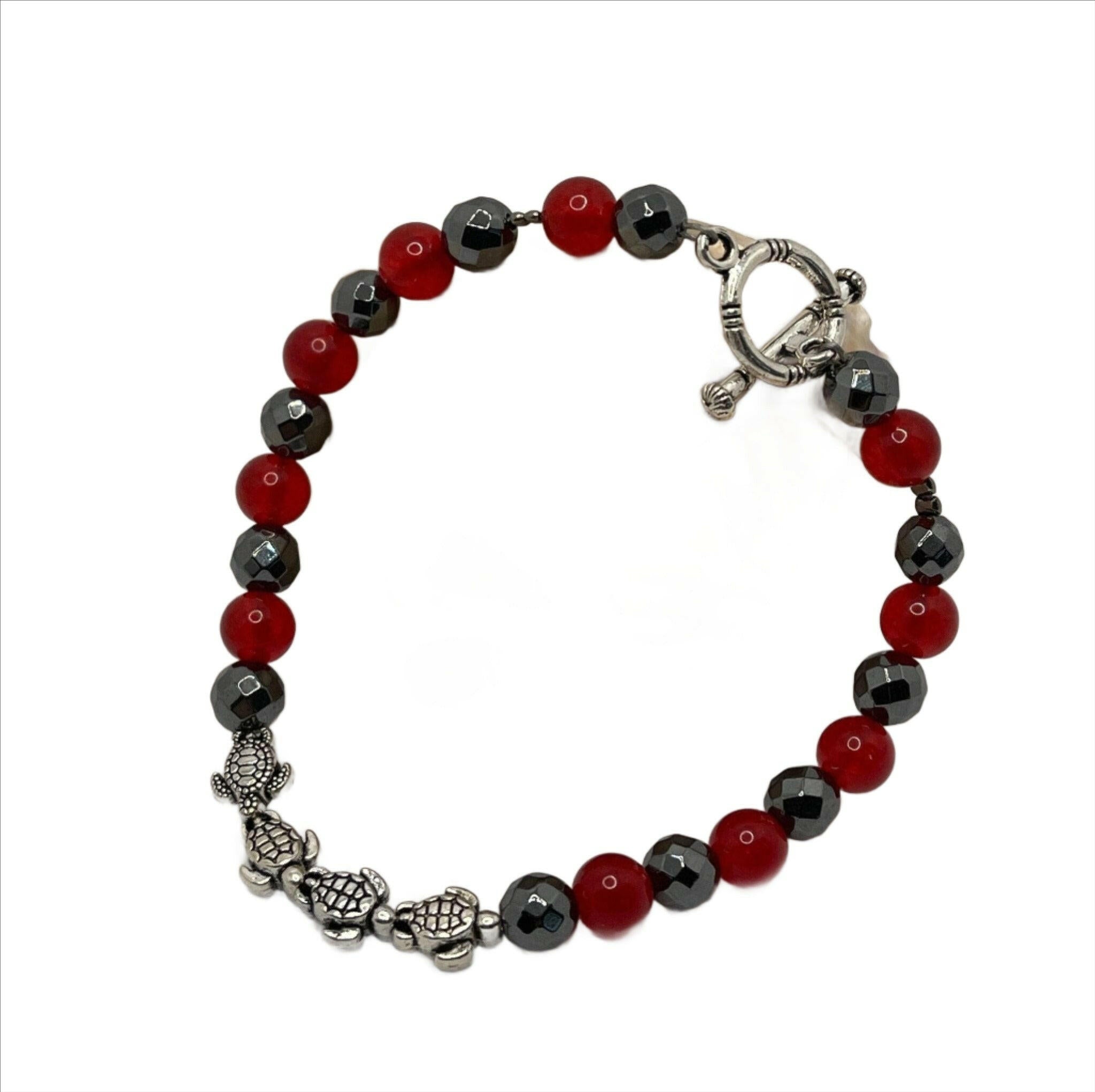 Bec Sue Jewelry Shop turtle bracelet 6.5 / red / silver turtle/hematite/red coral beads Turtle Bracelet, Red coral bamboo Bracelet Tags 178