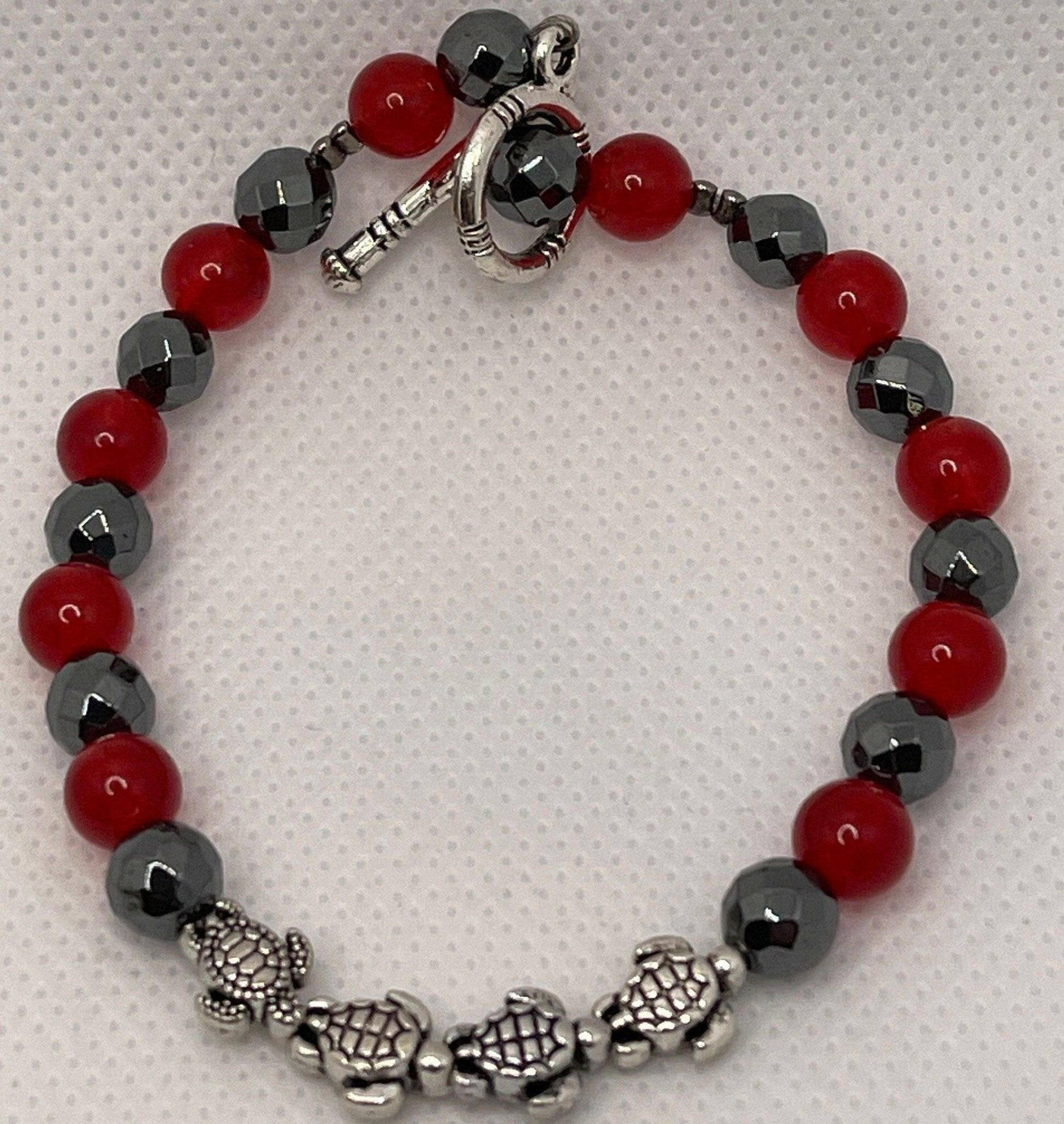 Bec Sue Jewelry Shop turtle bracelet 6.5 / red / silver turtle/hematite/red coral beads Turtle Bracelet, Red coral bamboo Bracelet Tags 178