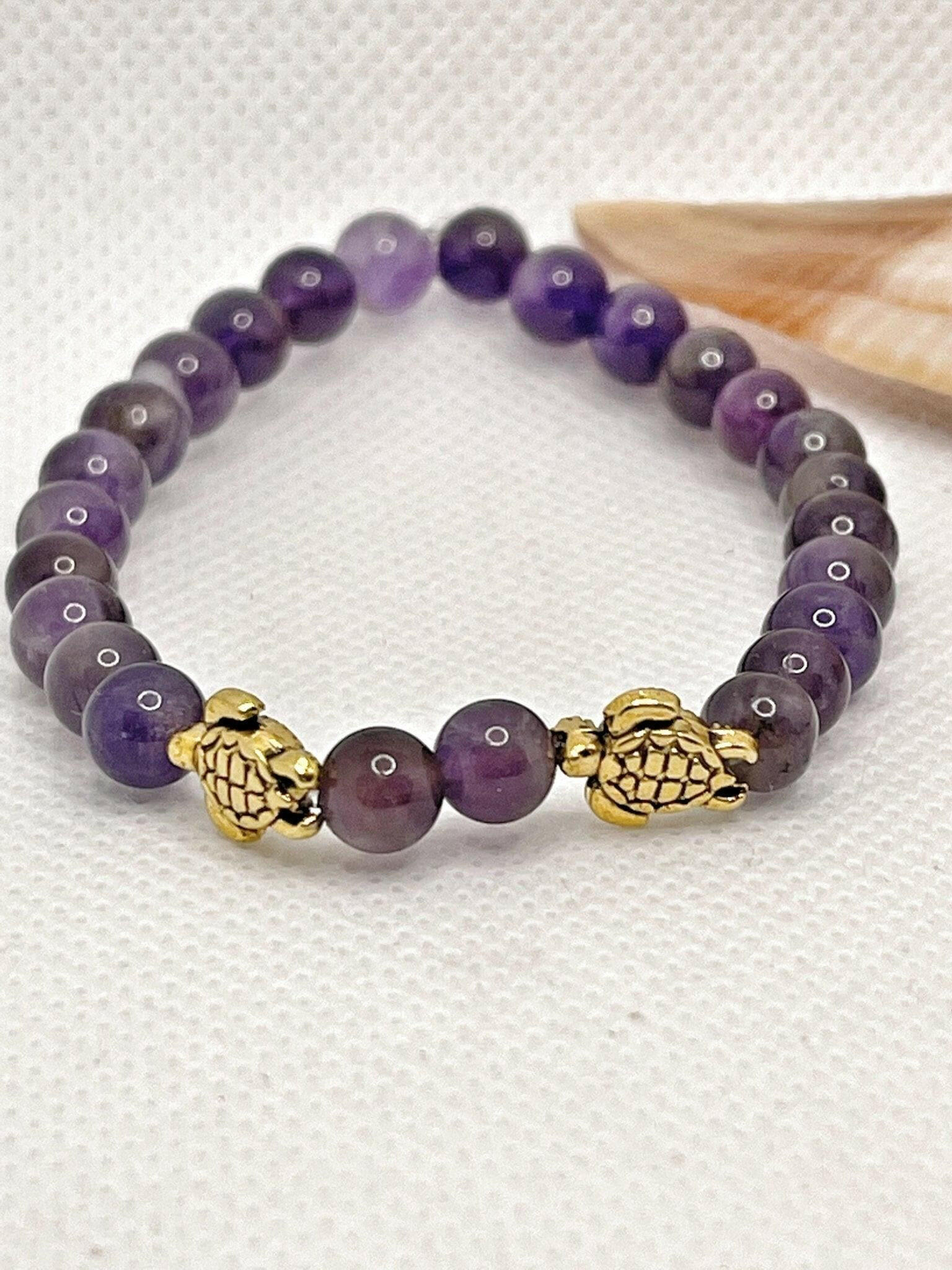 Bec Sue Jewelry Shop turtle bracelet 6 / purple / amethyst/gold turtle Sea Turtle Bracelet, Amethyst Stretch Bracelet, Ocean Turtle Tags 206