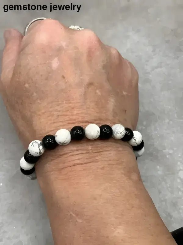 Black and White Howlite 8mm Stretch Bracelet with Onyx - Bec Sue Jewelry Shop