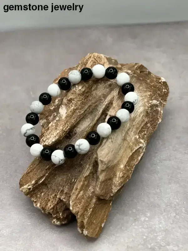 Black and White Howlite 8mm Stretch Bracelet with Onyx - Bec Sue Jewelry Shop