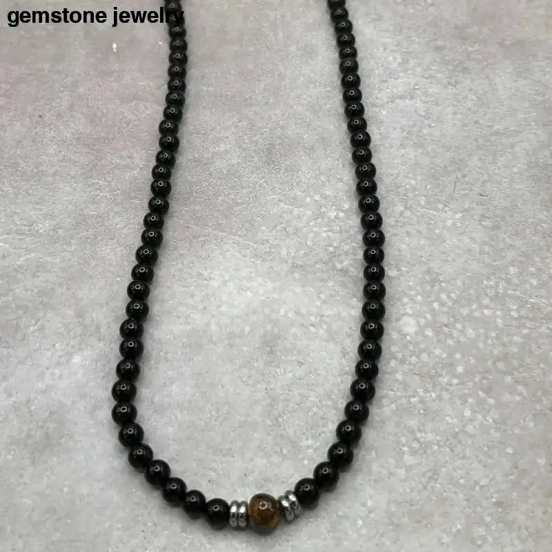 Black Beaded Sterling Silver Necklace with Tiger Eye Accent - Bec Sue Jewelry Shop