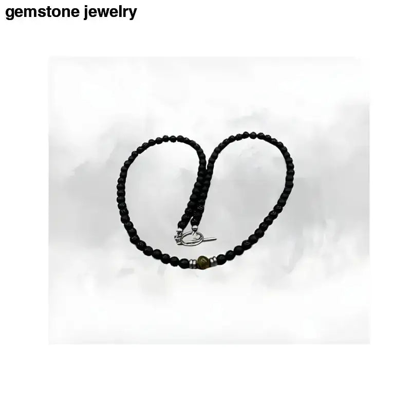 Black Beaded Sterling Silver Necklace with Tiger Eye Accent - Bec Sue Jewelry Shop