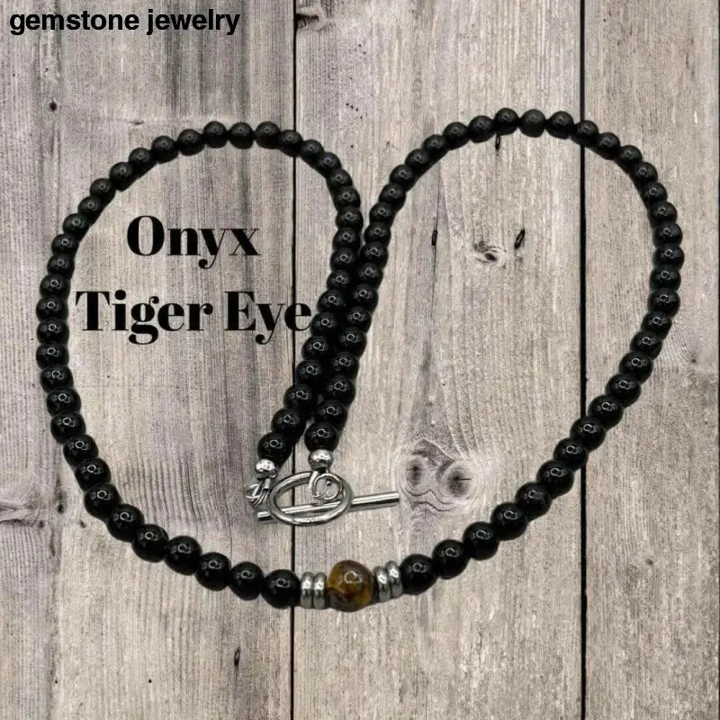 Black Beaded Sterling Silver Necklace with Tiger Eye Accent - Bec Sue Jewelry Shop