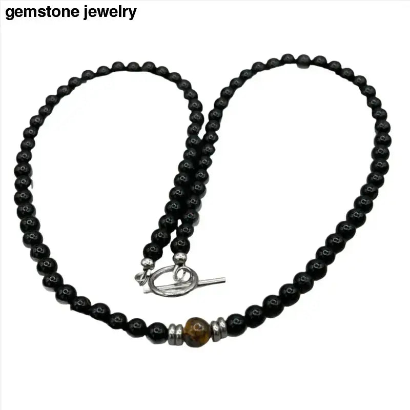 Black Beaded Sterling Silver Necklace with Tiger Eye Accent - Bec Sue Jewelry Shop