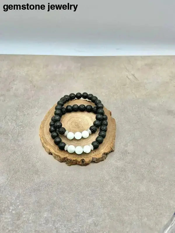 Black Lava Bead Bracelet with Sterling Silver Spacers and White Accents - Bec Sue Jewelry Shop