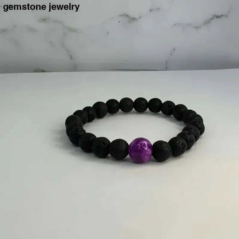 Black Lava Stone Bracelet with Purple Accent for Healing Energy - Bec Sue Jewelry Shop