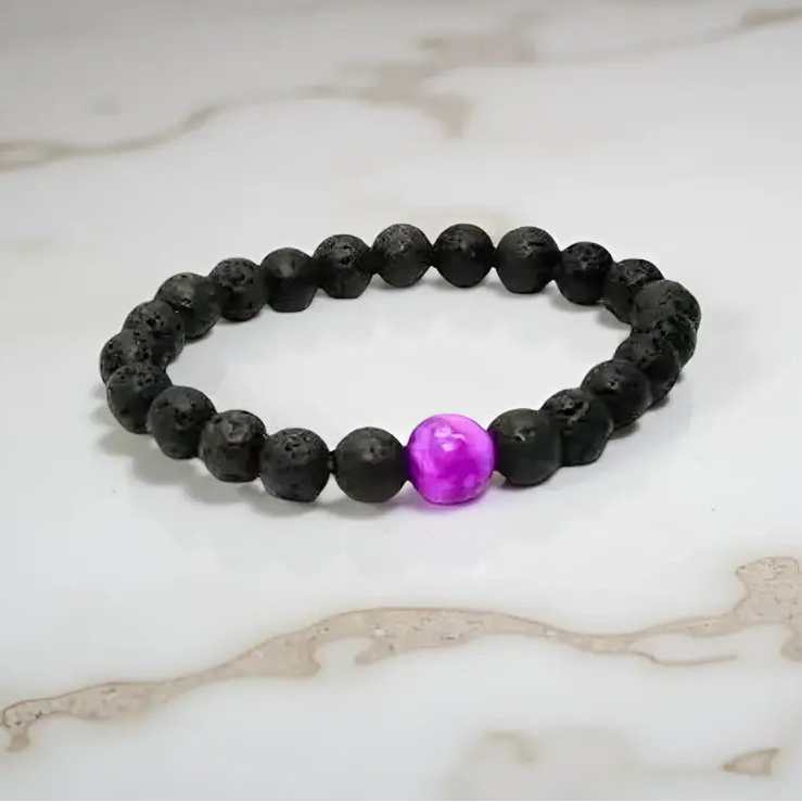 Black lava stone bracelet with purple sugilite accent beads for spiritual fashion