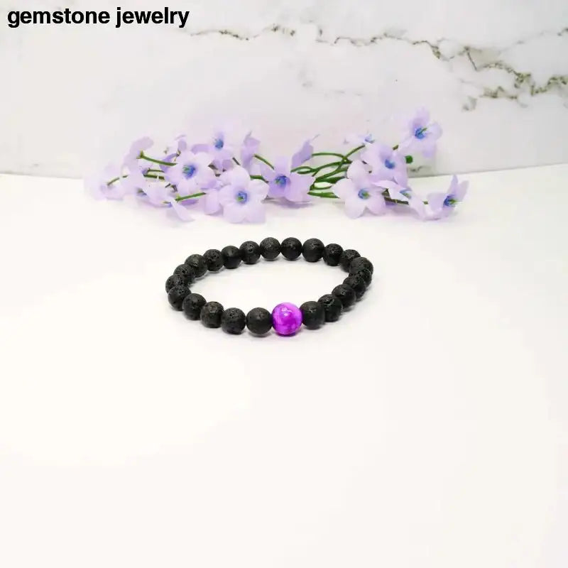 Black Lava Stone Bracelet with Purple Sugilite Accent Bead - Bec Sue Jewelry Shop