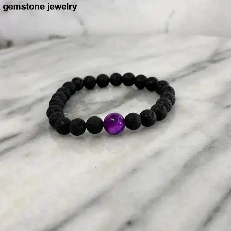 Black Lava Stone Bracelet with Purple Sugilite Accent Bead - Bec Sue Jewelry Shop
