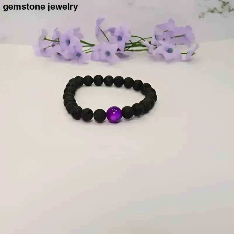 Black Lava Stone Bracelet with Purple Sugilite Accent Bead - Bec Sue Jewelry Shop