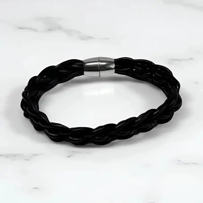 Black Leather Bracelet with Beads and Silver Magnetic Clasp - Bec Sue Jewelry Shop