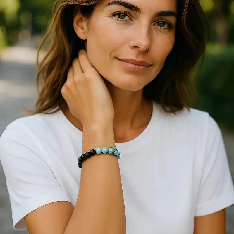 Black Onyx and Turquoise 8mm Stretch Beaded Bracelet - Bec Sue Jewelry Shop