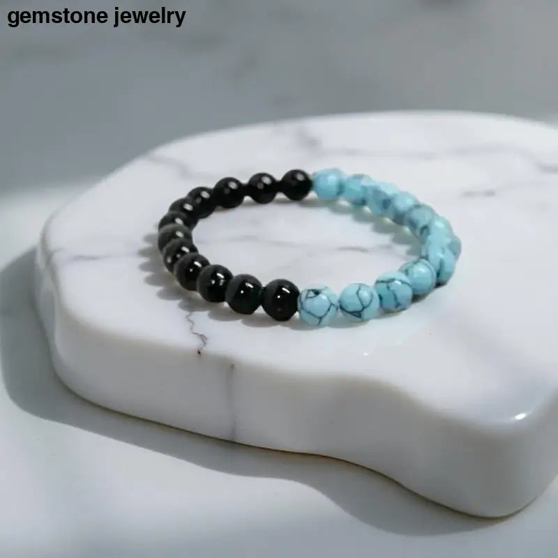Beaded Black Onyx and Turquoise 8mm Stretch Bracelet for stylish jewelry lovers