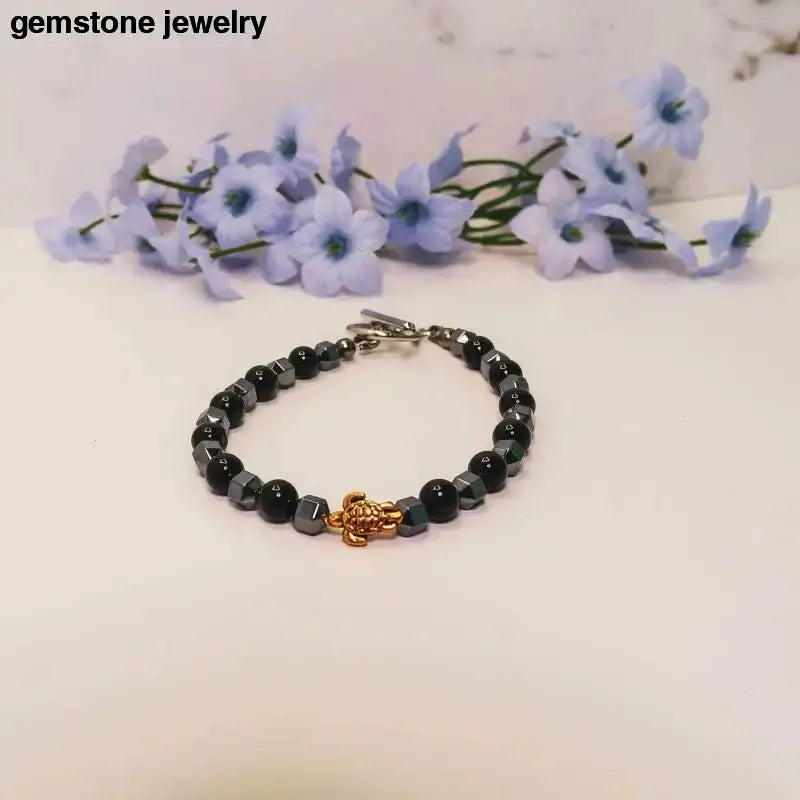 Black Onyx Beaded Bracelet with Gold Turtle Charm and Sterling Silver Clasp - Bec Sue Jewelry Shop
