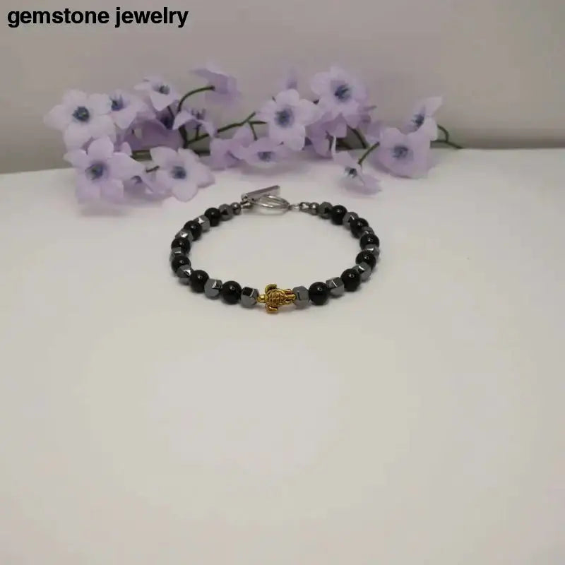 Black Onyx Beaded Bracelet with Gold Turtle Charm and Sterling Silver Clasp - Bec Sue Jewelry Shop
