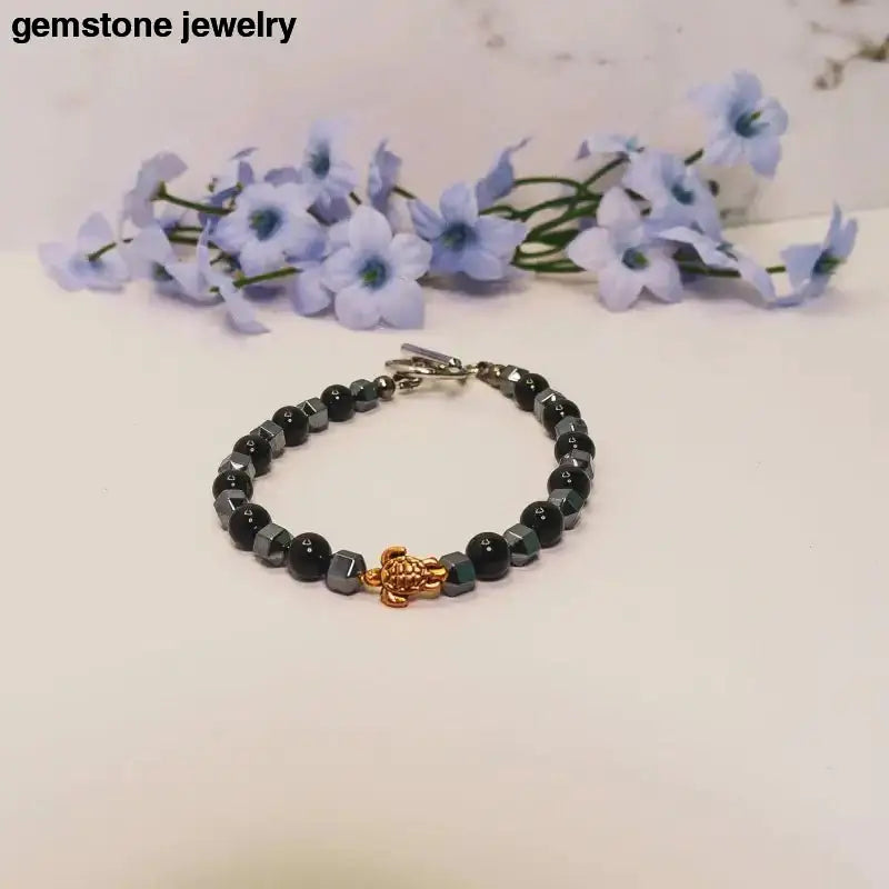 Black Onyx Beaded Bracelet with Gold Turtle Charm and Sterling Silver Clasp - Bec Sue Jewelry Shop