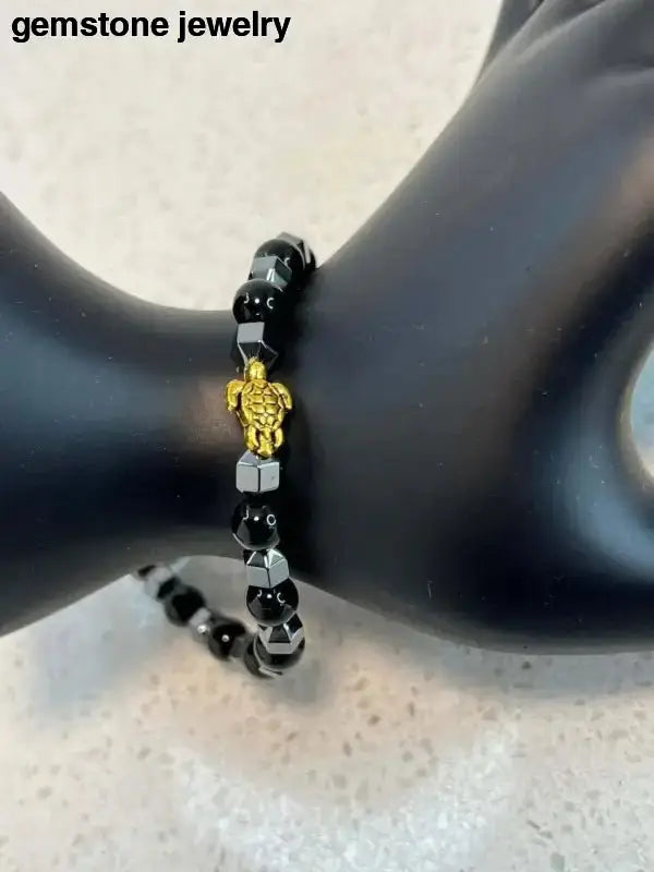 Black Onyx Beaded Bracelet with Gold Turtle Charm and Sterling Silver Clasp - Bec Sue Jewelry Shop