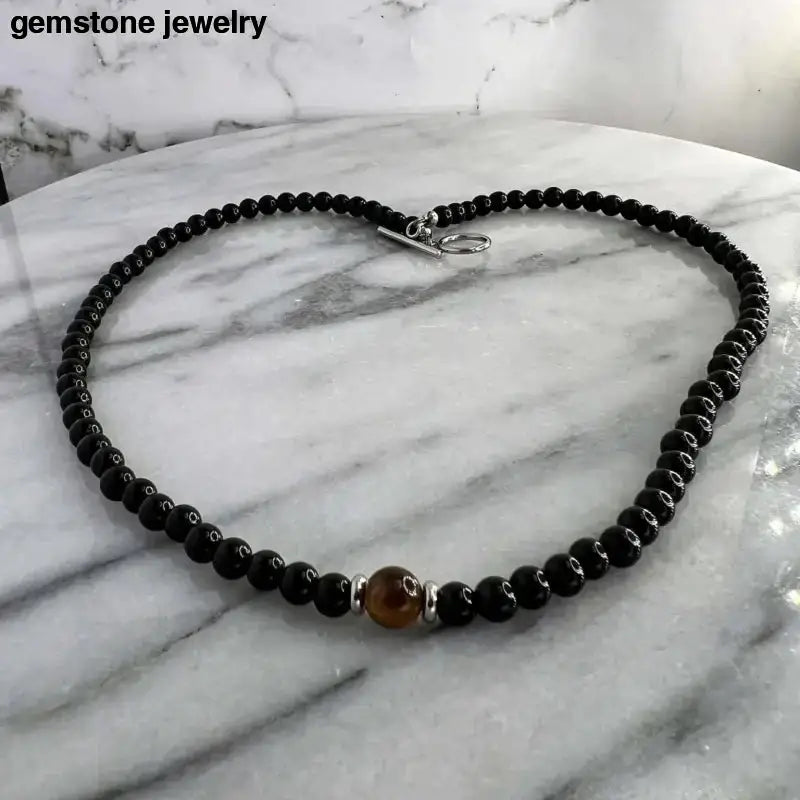 Black Onyx Necklace with Tiger Eye Accents - Bec Sue Jewelry Shop