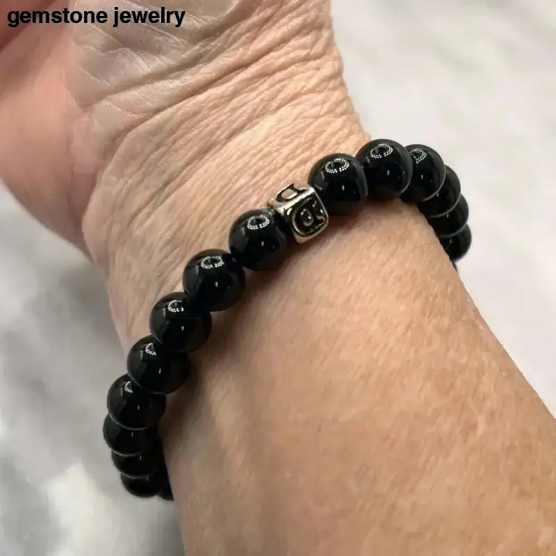 Black Onyx Power Bracelet with Silver Accent Beads - Bec Sue Jewelry Shop