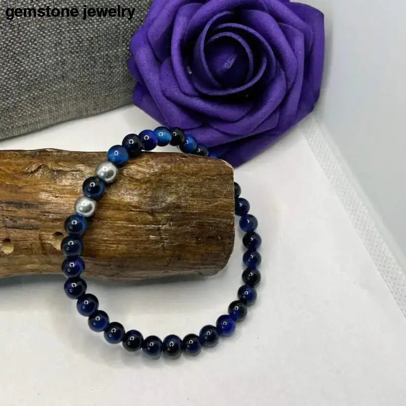 Blue Beaded Bracelet with Silver Accents and Tiger Eye Elements - Bec Sue Jewelry Shop