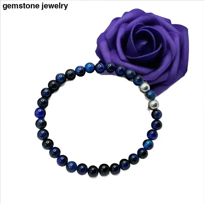 Blue Beaded Bracelet with Silver Accents and Tiger Eye Elements - Bec Sue Jewelry Shop