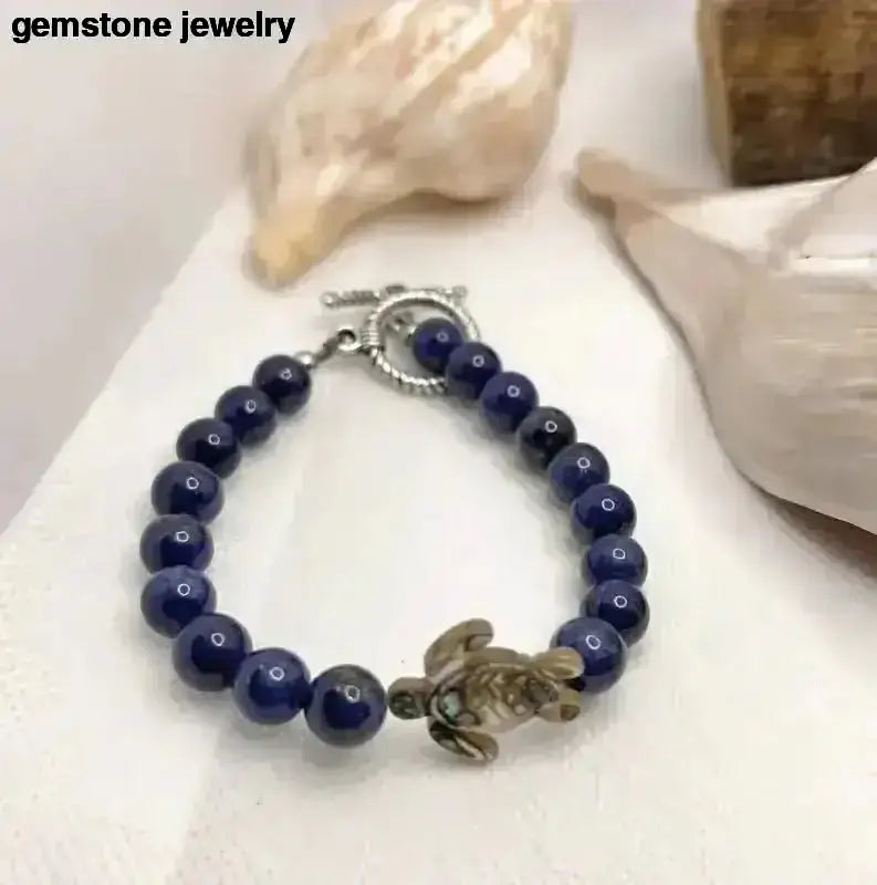 Blue Beaded Sea Turtle Bracelet with Lapis Accents - Bec Sue Jewelry Shop