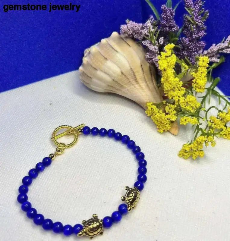 Blue Beaded Turtle Lover Bracelet with Gold Charms - Bec Sue Jewelry Shop