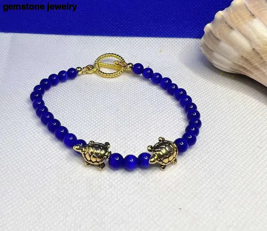 Blue Beaded Turtle Lover Bracelet with Gold Charms - Bec Sue Jewelry Shop