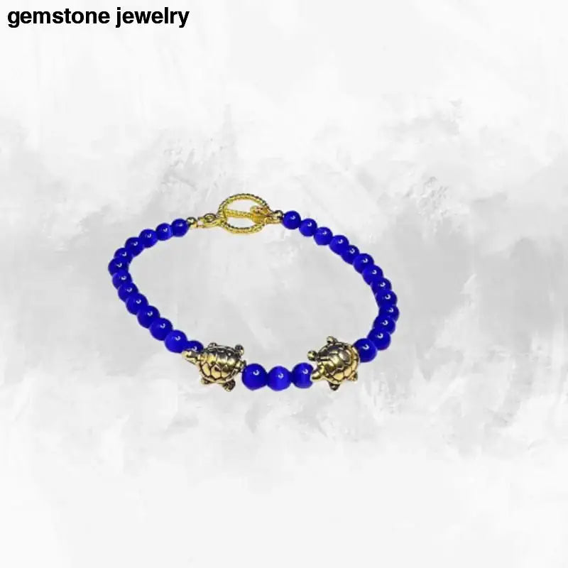 Blue Beaded Turtle Lover Bracelet with Gold Charms - Bec Sue Jewelry Shop